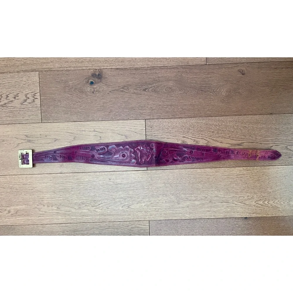 Gaitan Tooled Leather Belt Women 33.5 Burgundy Fair Vintage Floral Wide Western